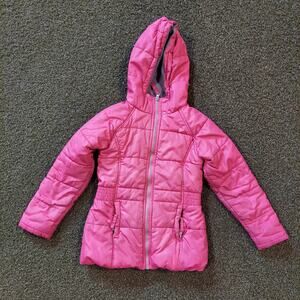 Simply Styled Puffer Coat Girls Large Pink Full Zipper Long Sleeve Hood